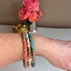 Enamel three bangle gold tone set - coral, cream & teal.